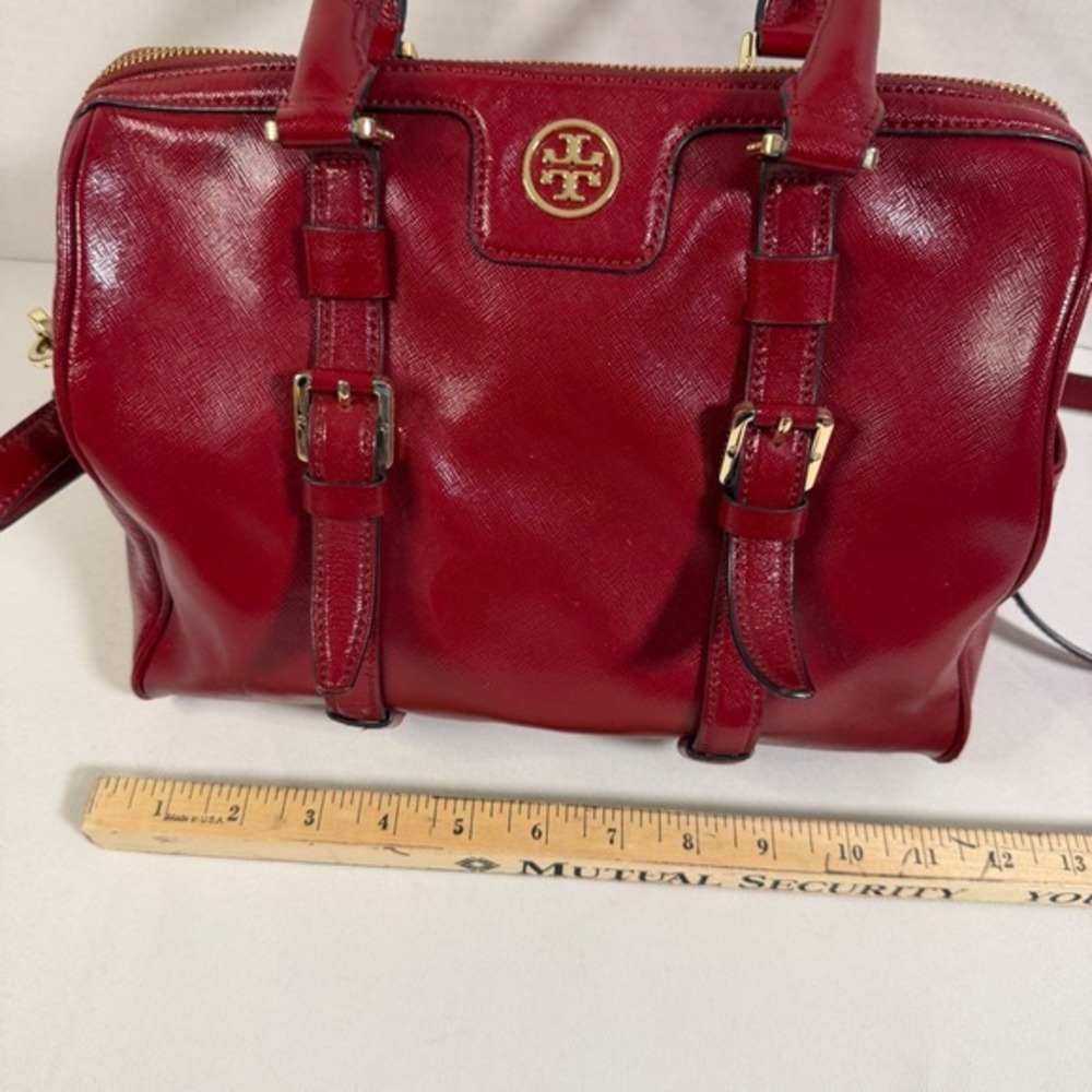 Tory Burch Satchel Medium Red Patent Leather Buckle Handbag Designer Luxury Bag - Picture 5 of 15